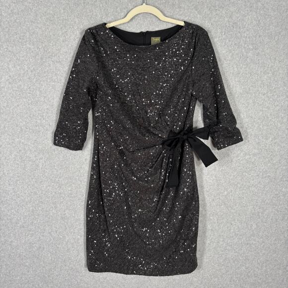 Taylor Dress 6 Charcoal Sequin Bow Side Tie Party Cocktail Stretch Knit Ruched‎ - Picture 1 of 16
